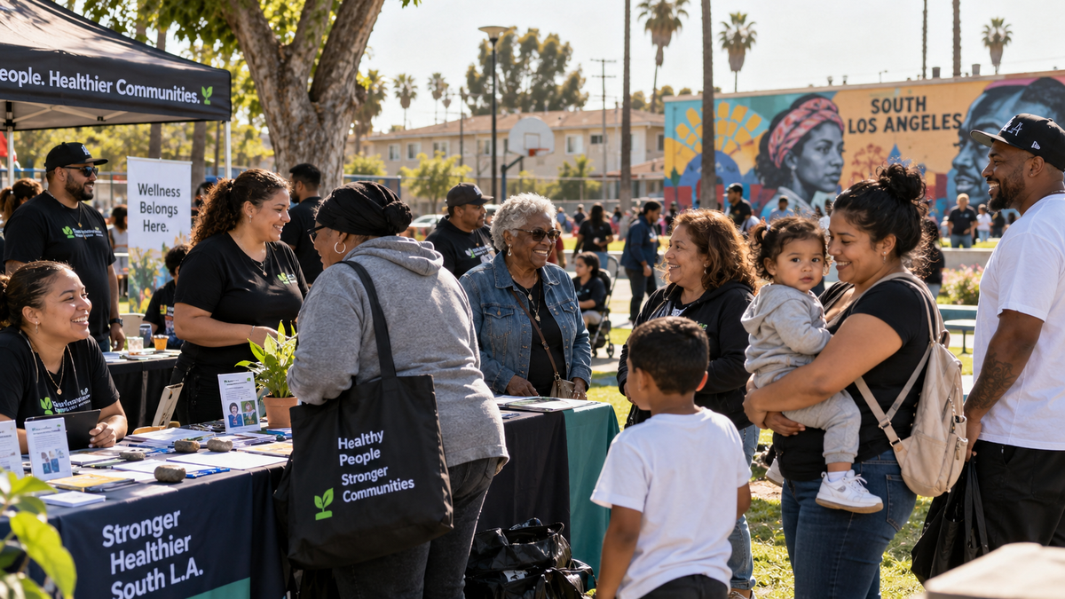 South Los Angeles neighbors taking part in a community wellness gathering