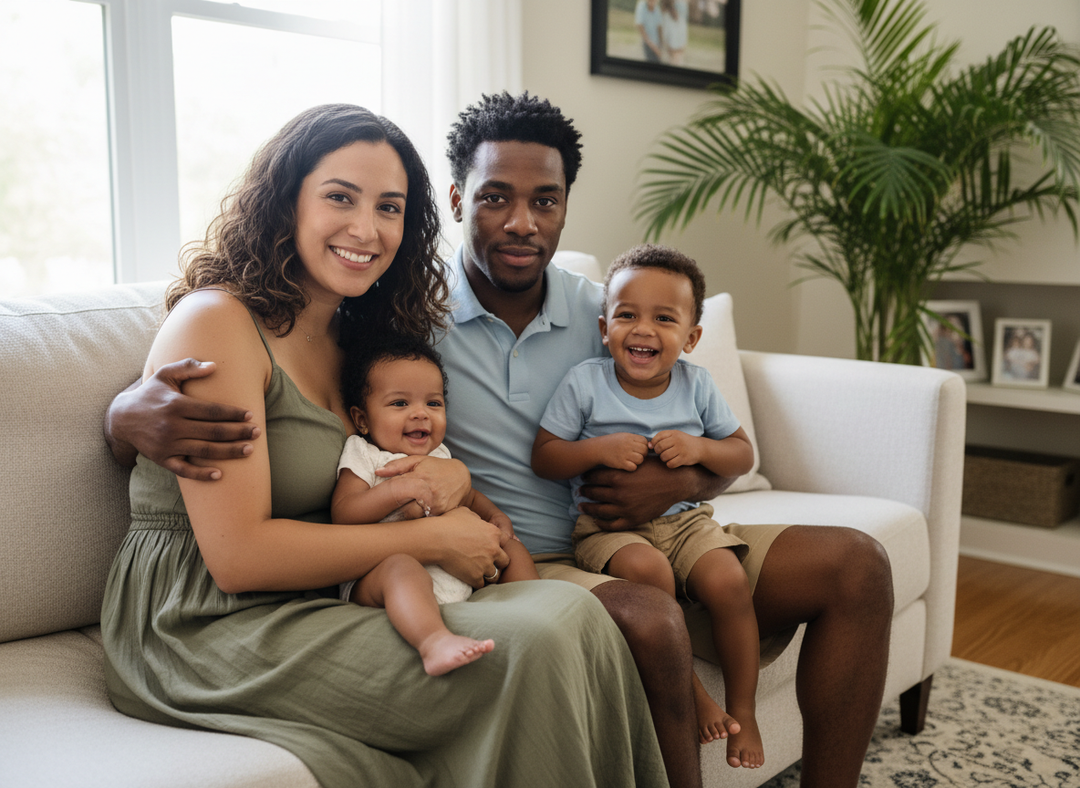 Family of four sitting on a couch in a living room